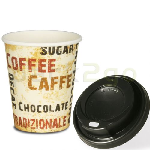 - Coffee To Go koffiebekers "Barista" 8 oz, 200ml, kartonnen bekers met zwarte deksel
