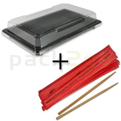SPARPAKET - Sushi Verpackung, schwarz inklusive Deckel + Essstäbchen aus Bambus