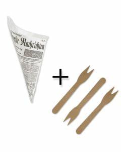 SPARPAKET - Snack-Spitztüten fettdicht 19cm - "Zeitungsmotiv" inklusive Pommesgabeln aus Holz
