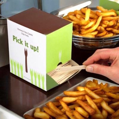 Pommesgabeln in der Spenderbox / lange Imbissgabel aus Holz