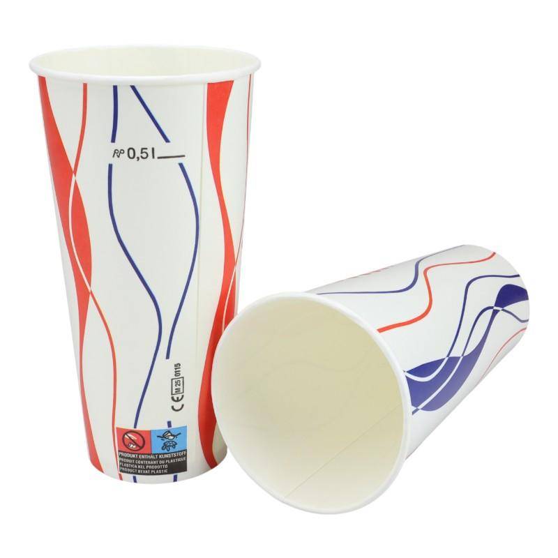 Weißer Kaltgetränkebecher 500ml mit rot-blauer Retro-Spirale - Gruppe