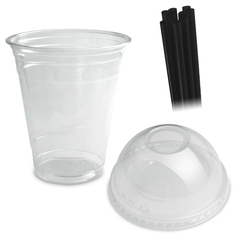 KOMBI - Clear Cups (Smoothie-Becher) - 12oz, 0,3L - rPET mit Dom-Deckel und Bio-Trinkhalmen