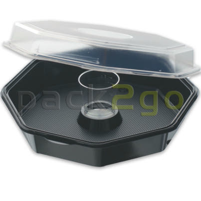 Octaview box, 8-hoekig Duni, saladebakje zwart met deksel en dressingglas - 900ml