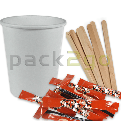 VOORDEELSET - coffee-to-go-koffiebekers wit - 8oz, 200 ml, inclusief suiker + roerstaafjes