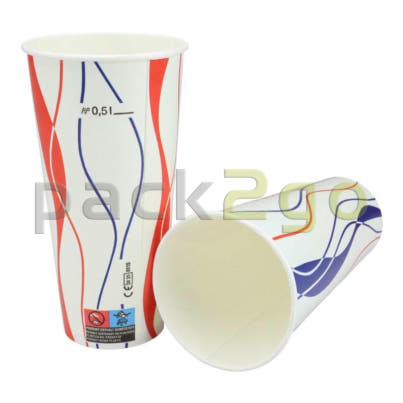 Weißer Kaltgetränkebecher 500ml mit rot-blauer Retro-Spirale - Gruppe
