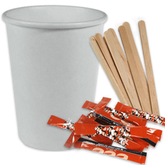 SPARPAKET - Coffee To Go Kaffeebecher weiß - 12oz, 300ml, inklusive Zucker + Rührstäbchen