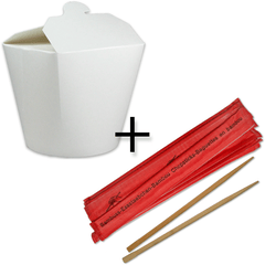 SPARPAKET - SmartServ-Box - runde Faltbox Pappe weiß - 16oz/500ml + Essstäbchen aus Bambus