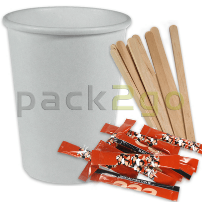 SPARPAKET - Coffee To Go Kaffeebecher weiß - 12oz, 300ml, inklusive Zucker + Rührstäbchen
