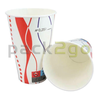 Weißer Kaltgetränkebecher 250ml mit rot-blauer Retro-Spirale - Gruppe