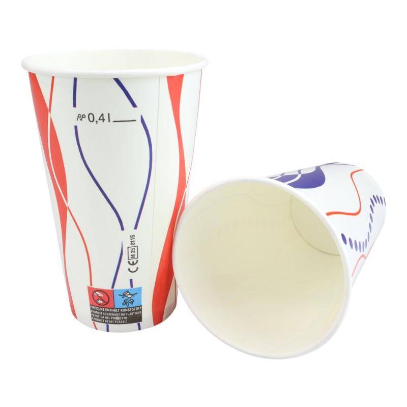 Weißer Kaltgetränkebecher 400ml mit rot-blauer Retro-Spirale - Gruppe