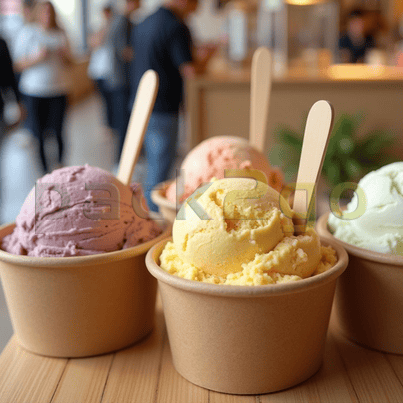 Eisspaten in Eis mit braunem Becher