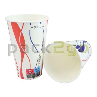 Weißer Kaltgetränkebecher 300ml mit rot-blauer Retro-Spirale - Gruppe