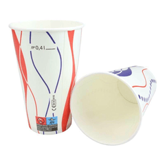 Weißer Kaltgetränkebecher 400ml mit rot-blauer Retro-Spirale - Gruppe