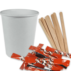 VOORDEELSET - coffee-to-go-koffiebekers wit - 8oz, 200 ml, inclusief suiker + roerstaafjes